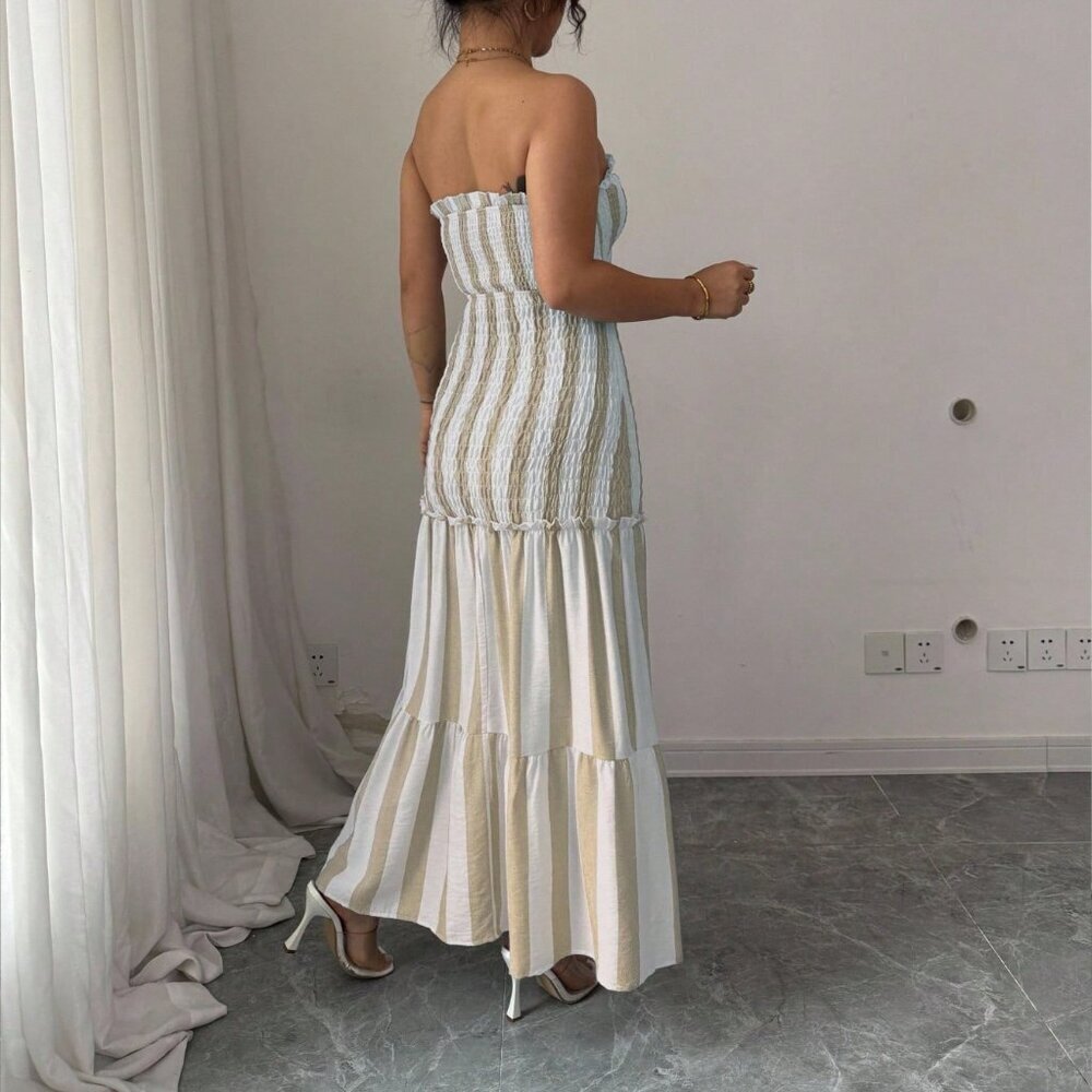 Khaki Boho Women's Striped Elegant Spaghetti Strap Dress - Picture 2 of 8